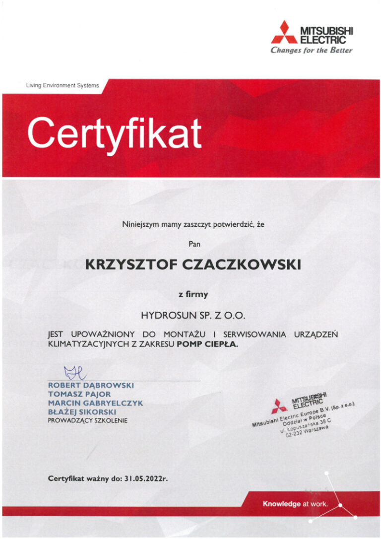 Certyfikat Mitsubishi Pompy Ciepła