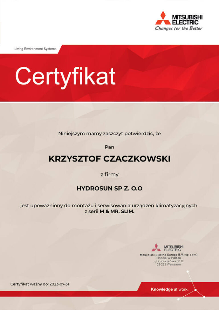 Certyfikat Mitsubishi klimatyzacja